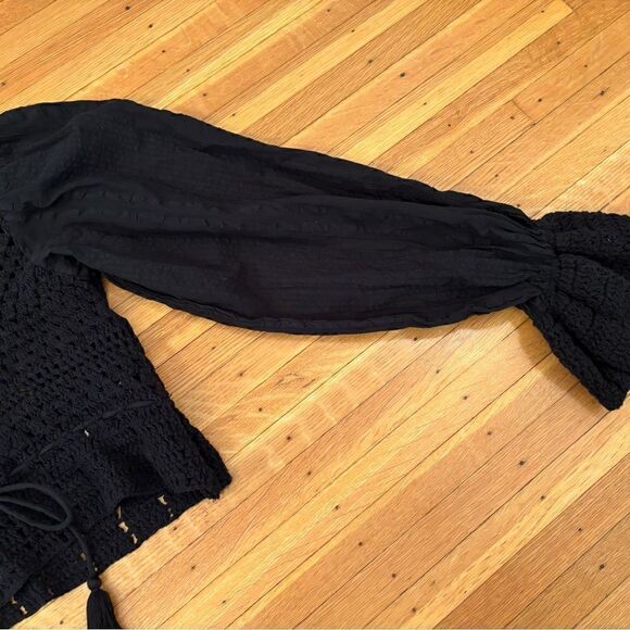 Free People Megan Crochet Knit Peplum Puff Sleeve Crop Tassel long sleeve top - Picture 5 of 6